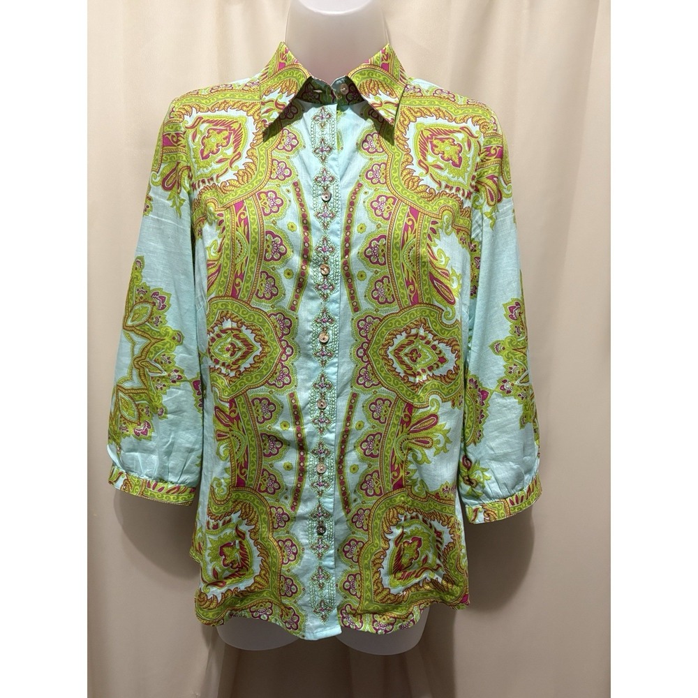 Robert Graham Small Blue Green Paisley Button Up Cotton